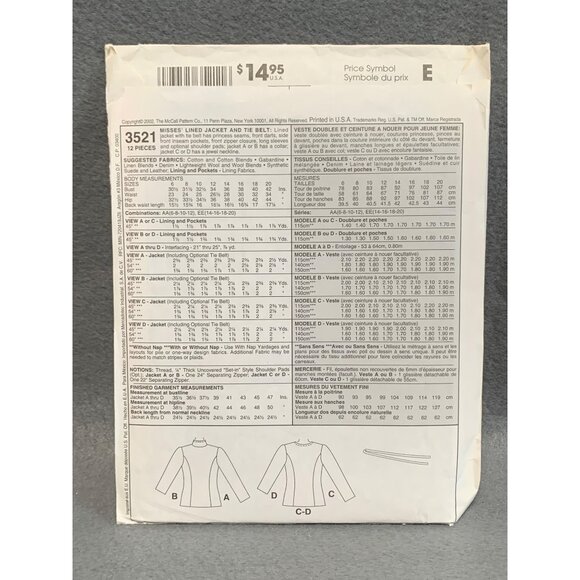 McCalls 3521 Womens Lined Jacket Belt Pattern Size 6-12 uncut - Picture 2 of 2